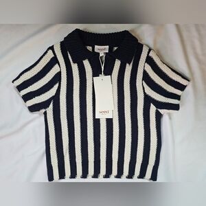 Seed Heritage Navy and White Striped Knit Polo Shirt- Kids Size 2
